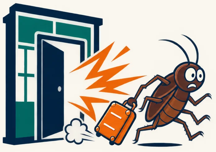 The Bug Eviction mascot heading out through the door with its suitcase